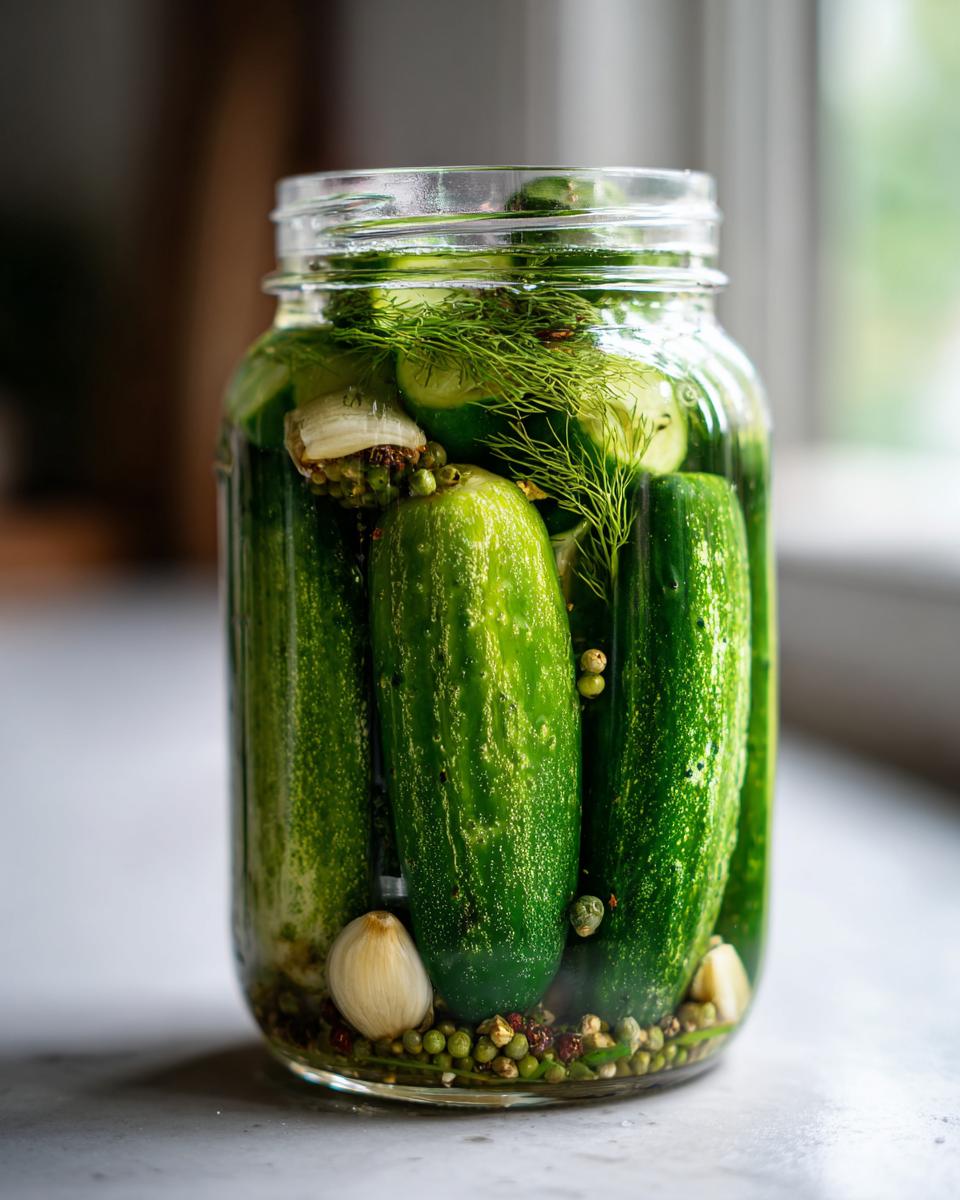Close-up of a glass jar filled with crisp homemade dill pickles, garlic, dill sprigs, and spices.