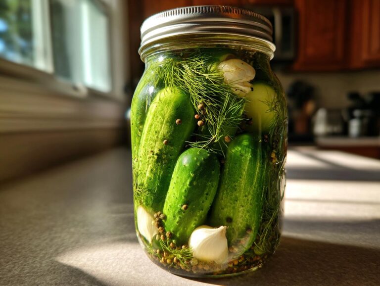 A glass jar filled with crisp homemade dill pickles, dill sprigs, garlic, and spices.