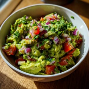 A bowl of vibrant Homemade Guacamole, garnished with diced tomatoes, red onion, and cilantro.