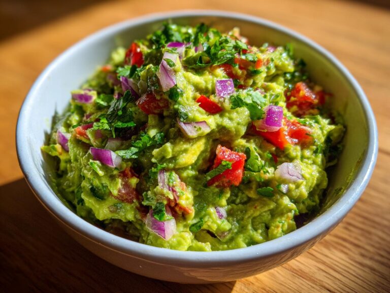 A bowl of fresh Homemade Guacamole topped with diced red onion, tomatoes, and cilantro.