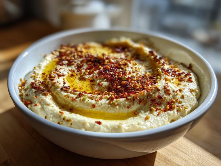 Bowl of creamy homemade hummus drizzled with olive oil and sprinkled with spices.