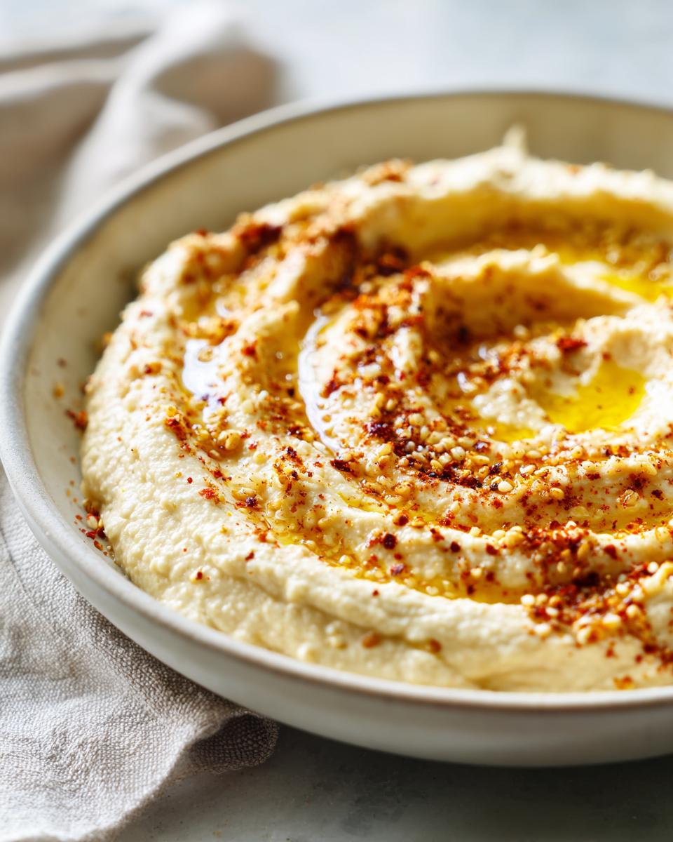 Bowl of creamy Homemade Hummus drizzled with olive oil and sprinkled with spices.