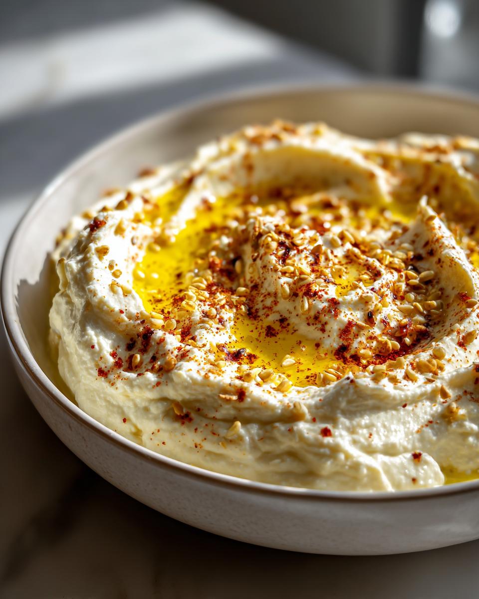 A bowl of Homemade Hummus topped with olive oil, paprika, and sesame seeds, ready to be served.