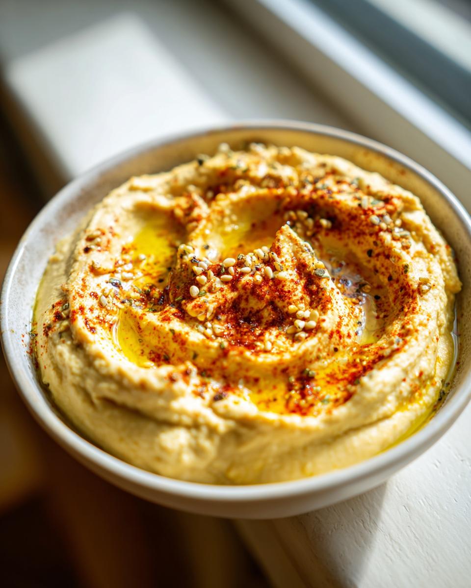 A bowl of creamy Homemade Hummus topped with olive oil, paprika, and sesame seeds.