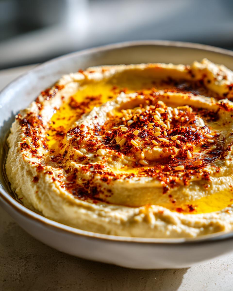 Close-up of a bowl of homemade hummus drizzled with olive oil and sprinkled with paprika and sesame seeds.