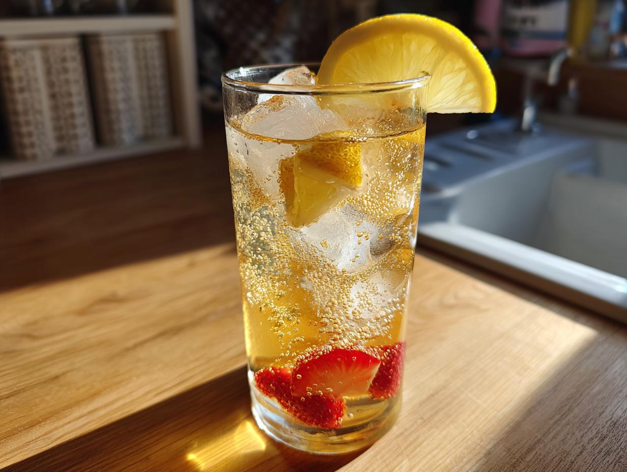 Tall glass of homemade lemonade with ice, lemon slices, and fresh strawberries.