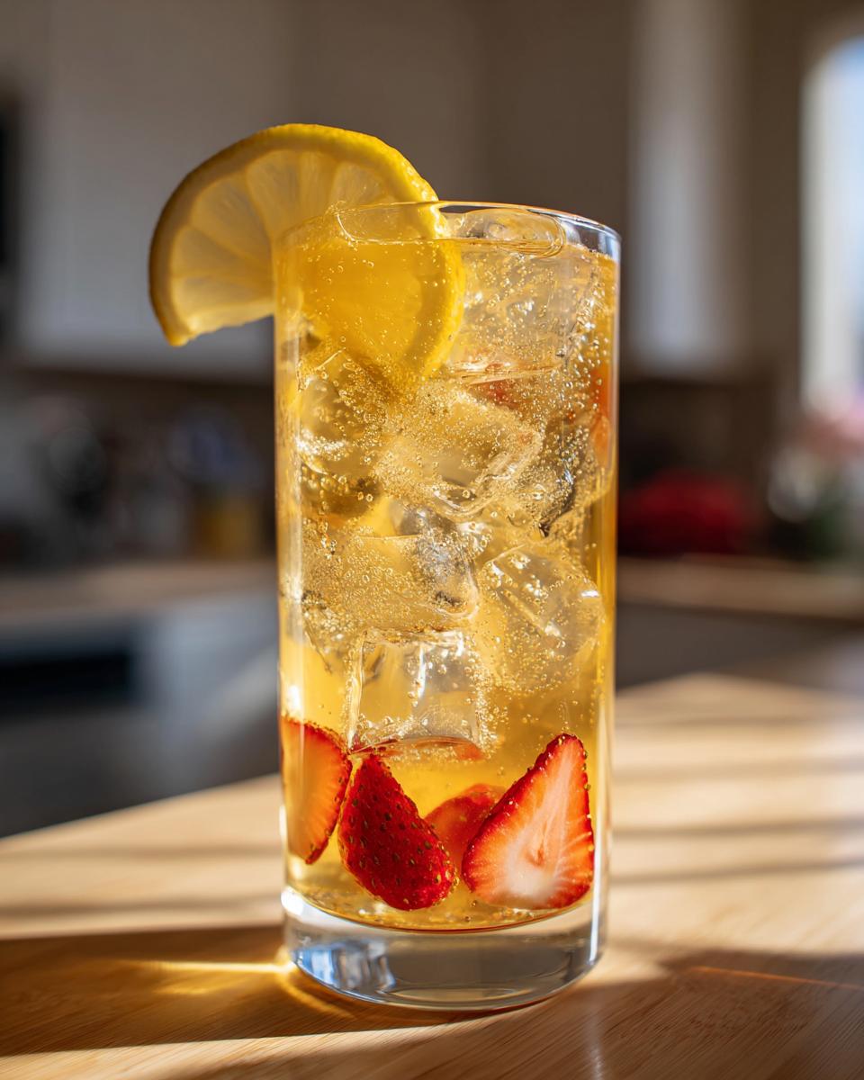 Tall glass of homemade lemonade with ice, strawberry slices, and a lemon wedge.