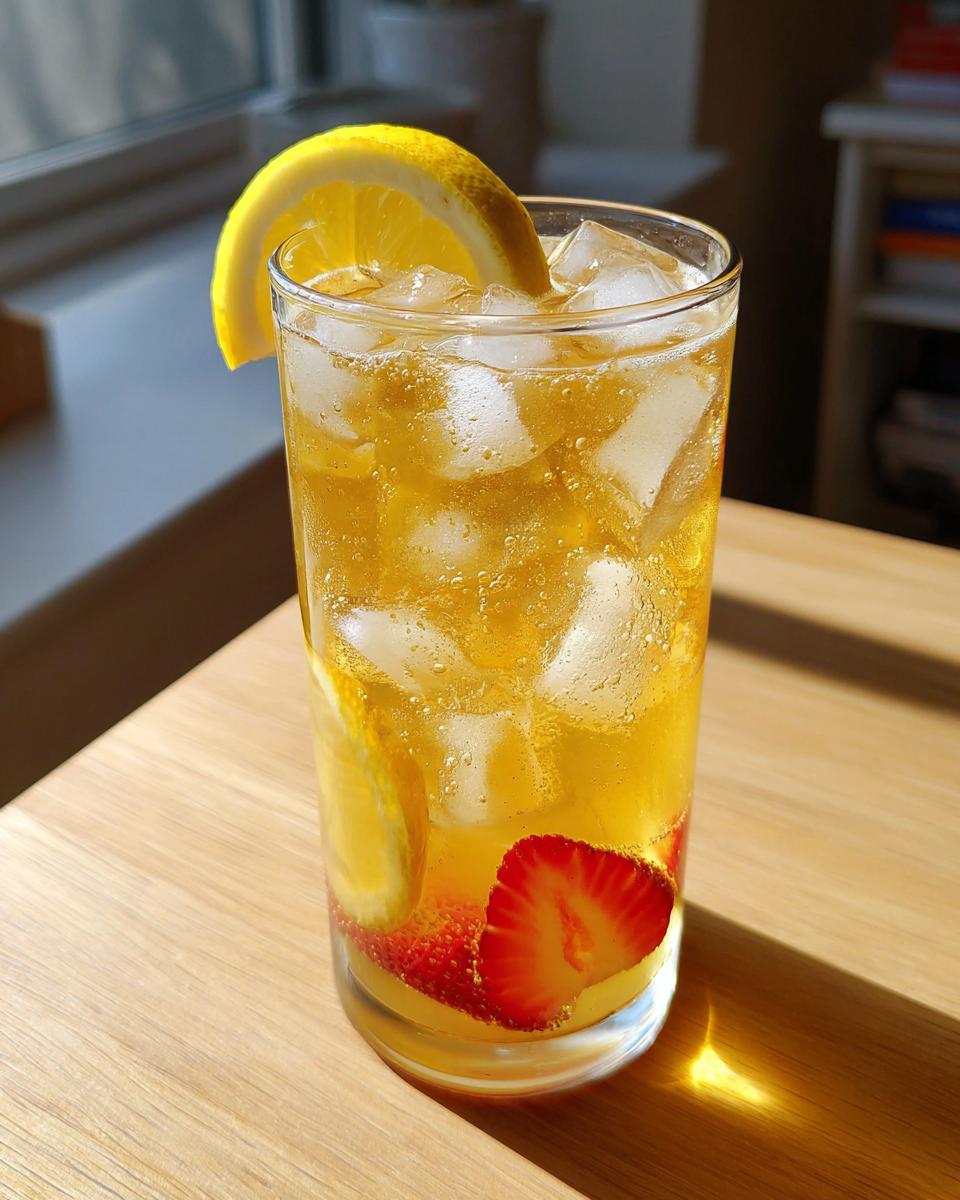 Tall glass of homemade lemonade with ice, lemon slices, and a strawberry on a wooden table.