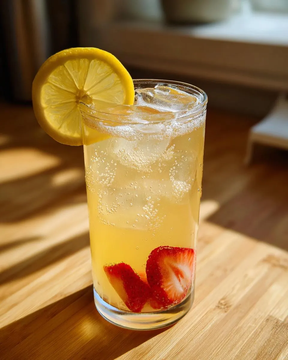 Tall glass of homemade lemonade with ice, lemon slice, and fresh strawberries.