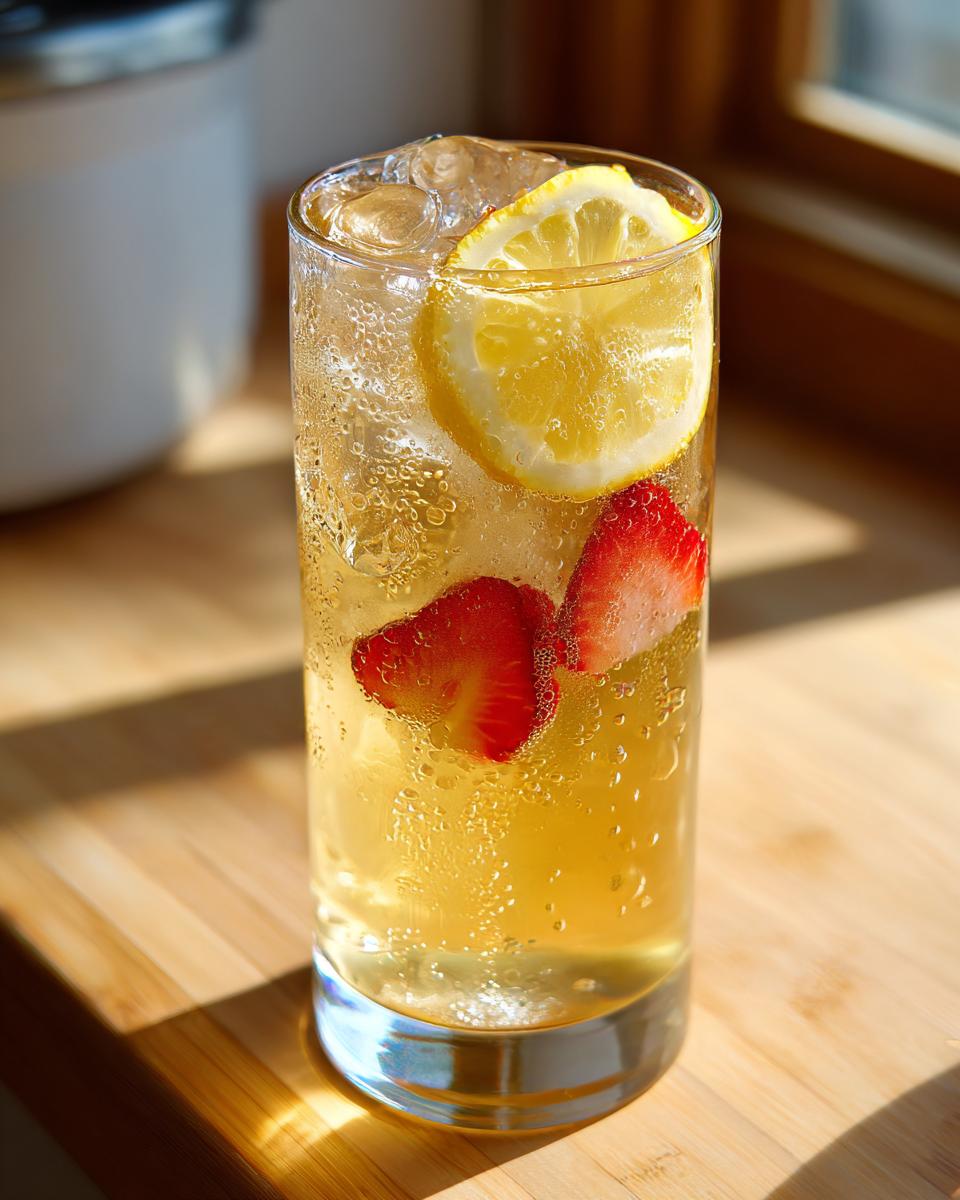 Tall glass of homemade lemonade with ice, a lemon slice, and fresh strawberries.