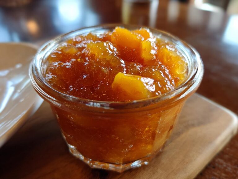Close-up of homemade peach jam in a clear glass jar, showcasing the chunky texture and vibrant color.