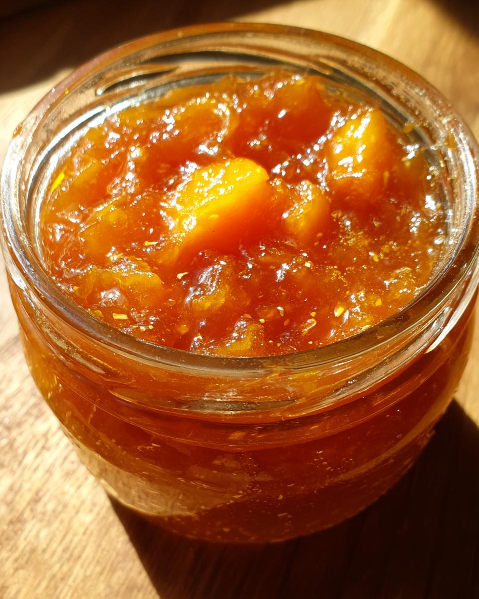 Close-up of homemade peach jam in a clear glass jar, showcasing the fruit chunks and glossy texture.