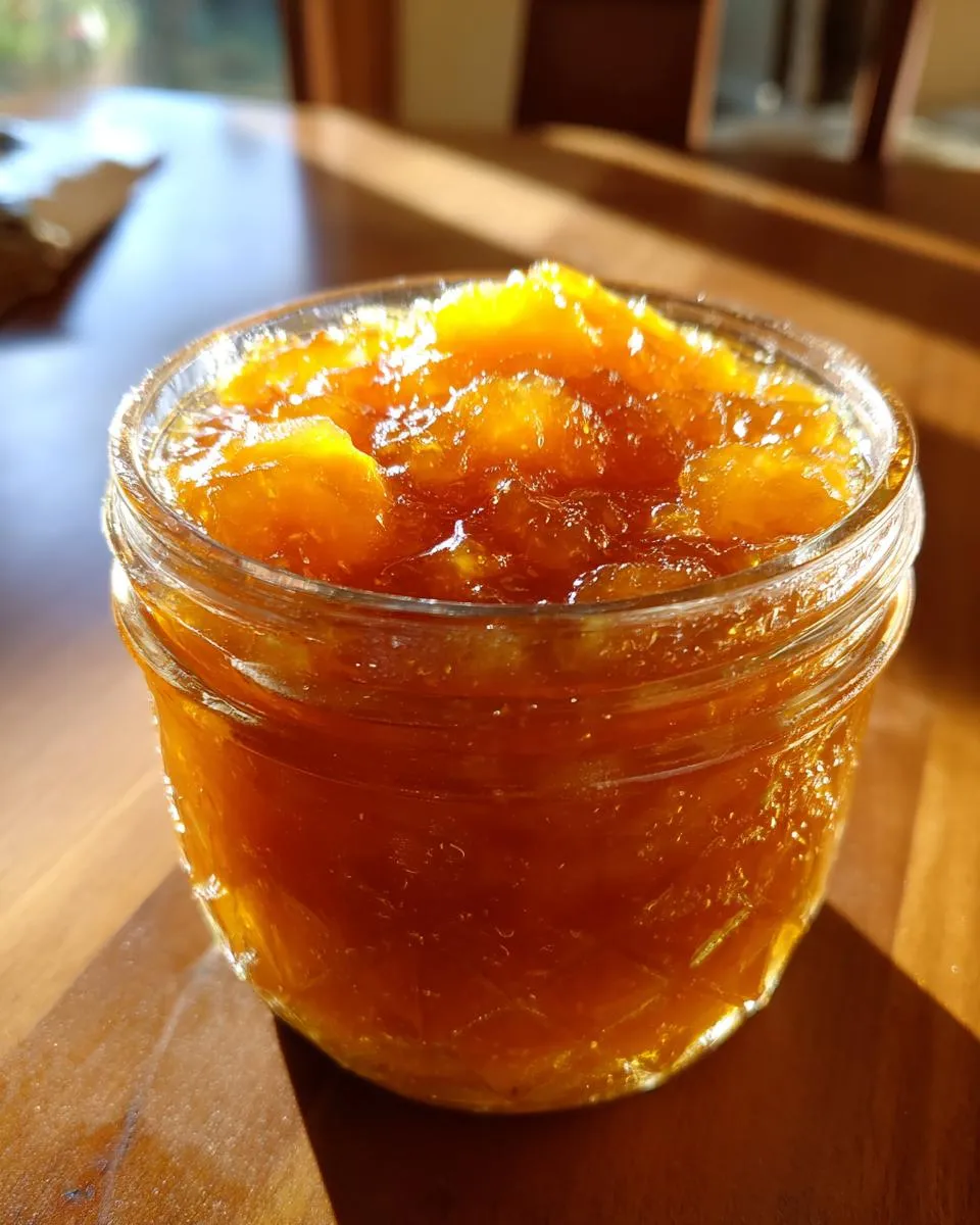 Close-up of a glass jar filled with homemade peach jam, showcasing its texture and color.