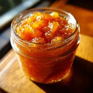 Close-up of a jar filled with homemade peach jam, showing the texture and color of the fruit.