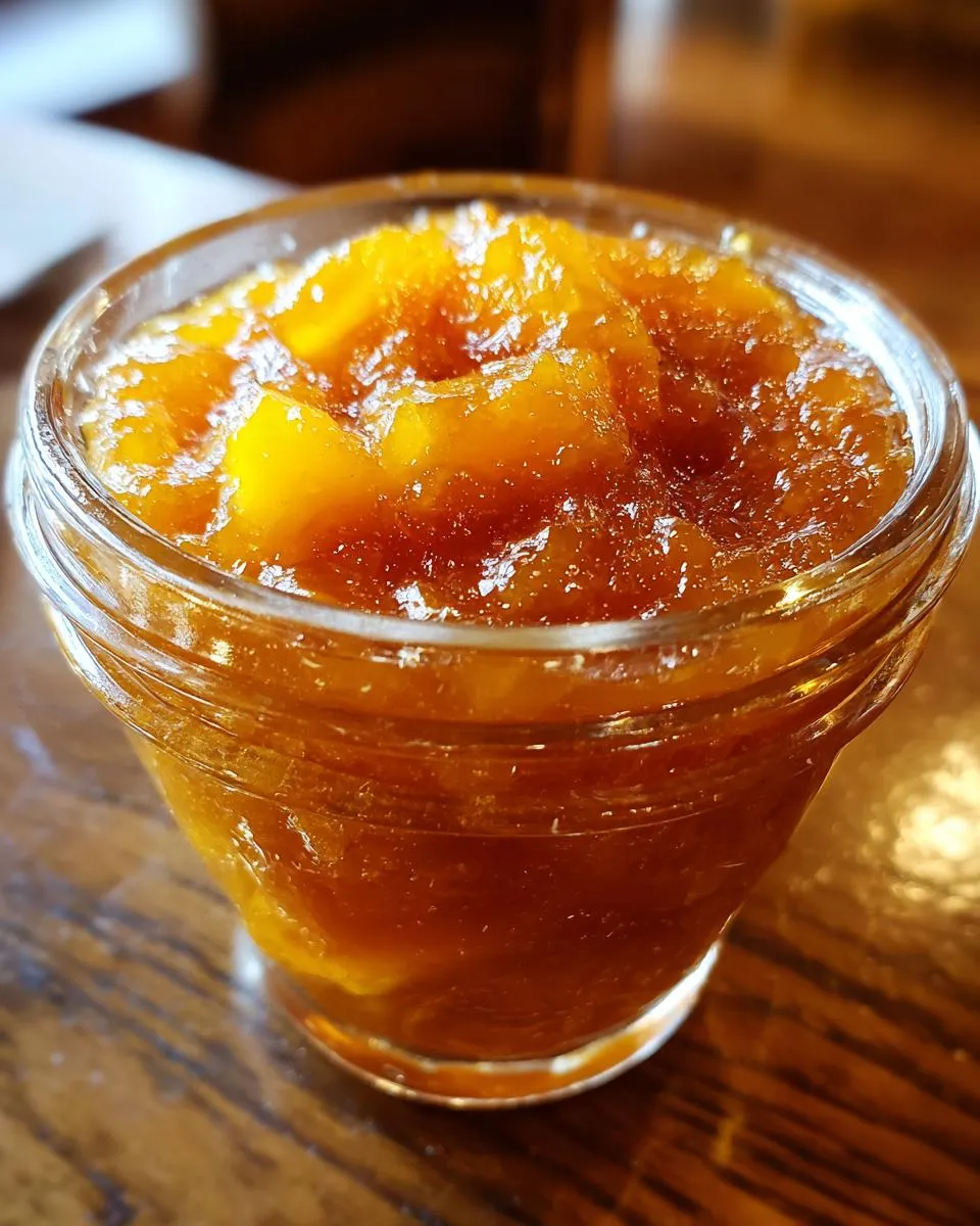 Close-up of homemade peach jam in a clear glass jar, showcasing its vibrant color and chunky texture.