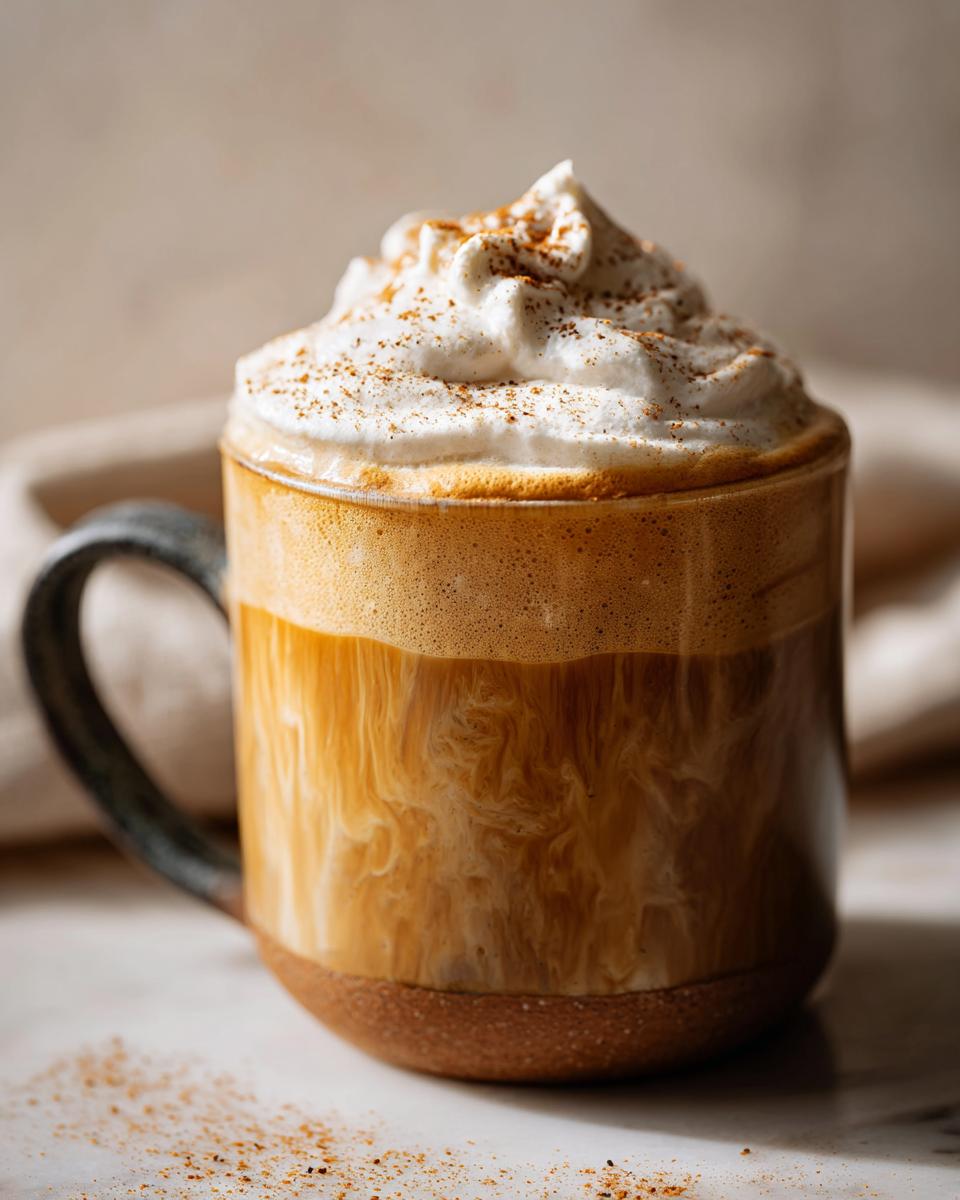 A mug of Homemade Pumpkin Spice Latte topped with whipped cream and a sprinkle of spice.
