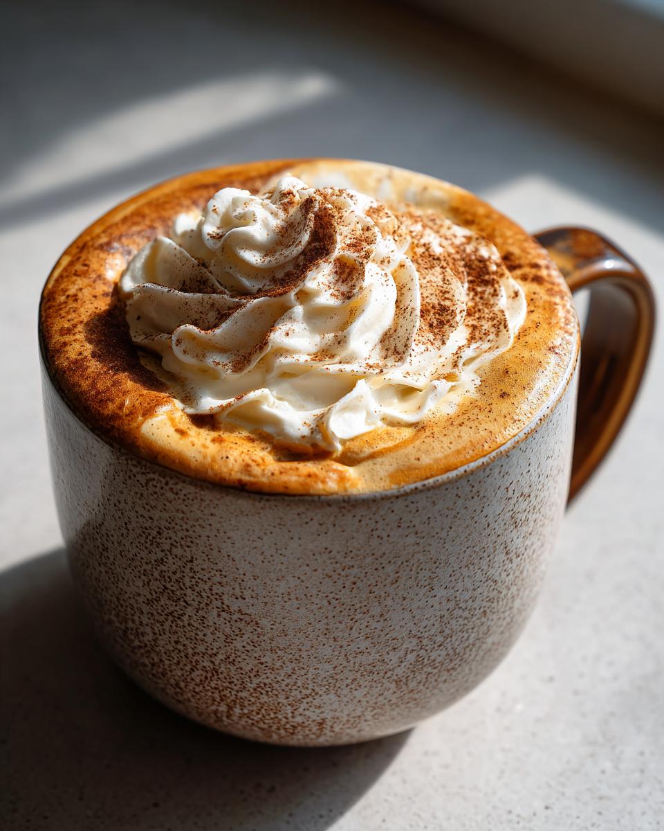 Close-up of a Homemade Pumpkin Spice Latte in a mug, topped with whipped cream and pumpkin spice.