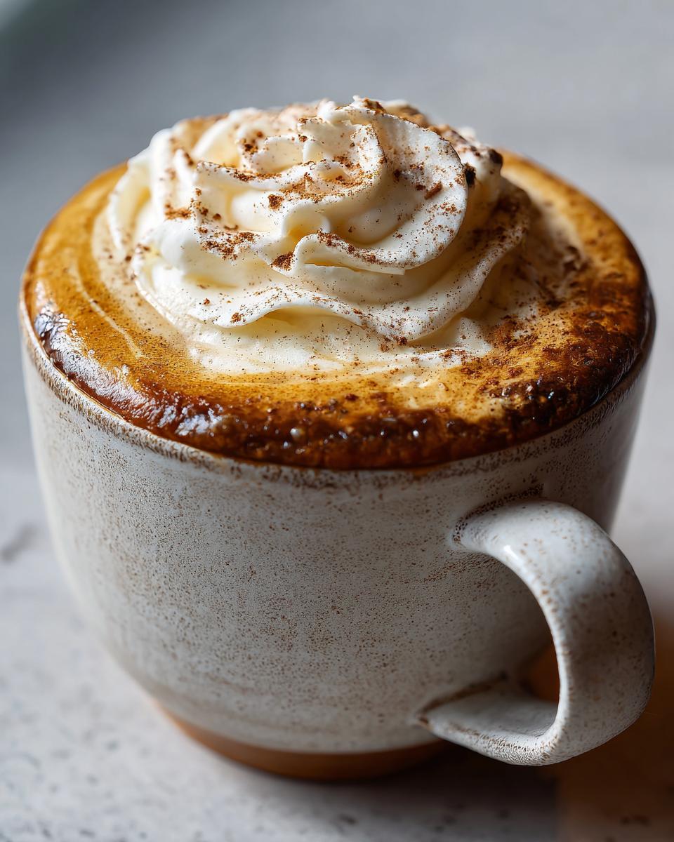 Close-up of a Homemade Pumpkin Spice Latte in a mug, topped with whipped cream and a sprinkle of spice.