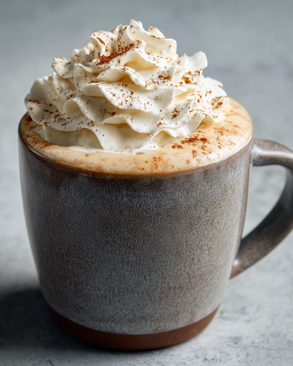Close-up of a Homemade Pumpkin Spice Latte in a mug, topped with whipped cream and pumpkin spice.