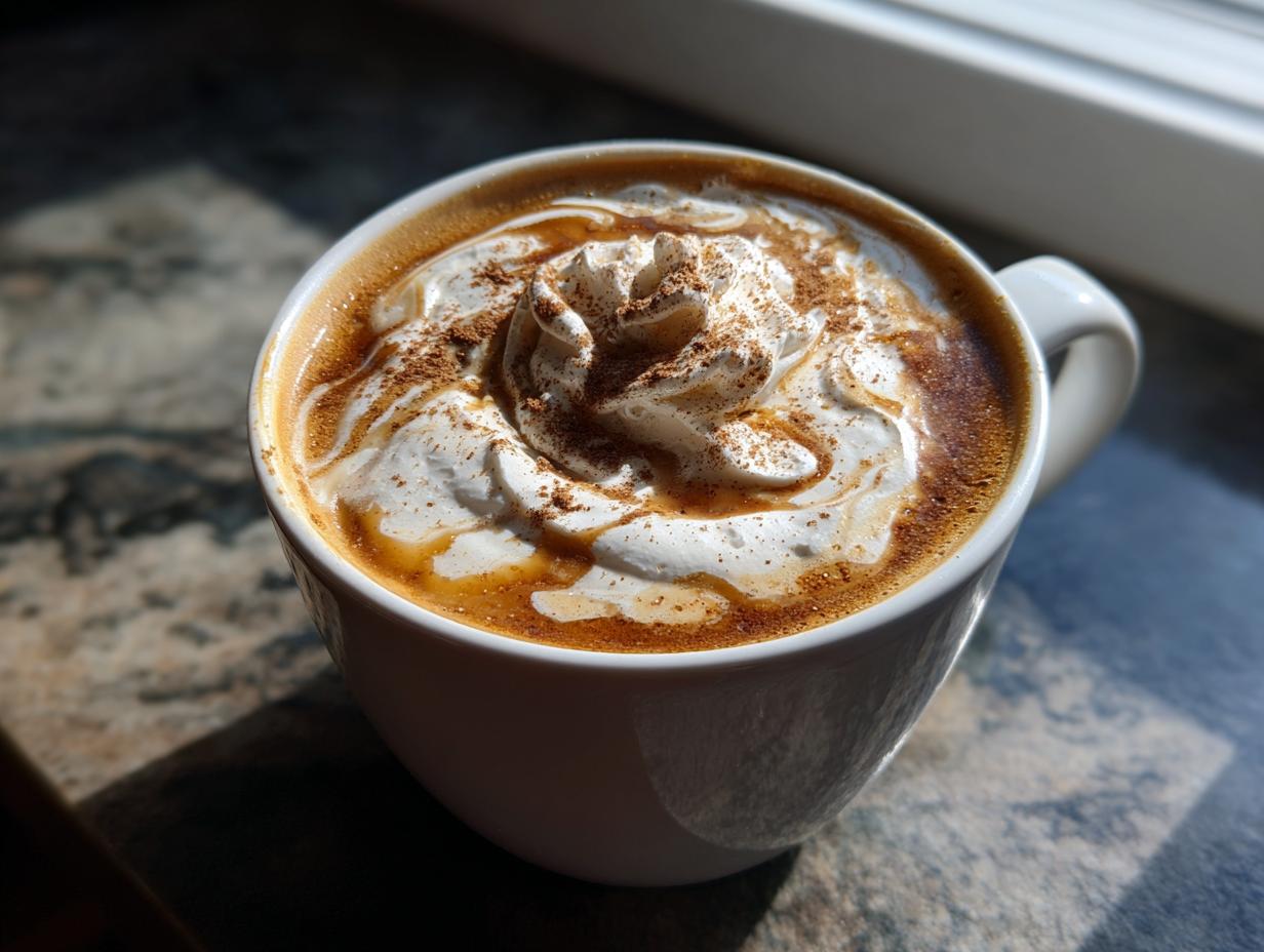 A mug of Homemade Pumpkin Spice Latte topped with whipped cream and pumpkin spice.