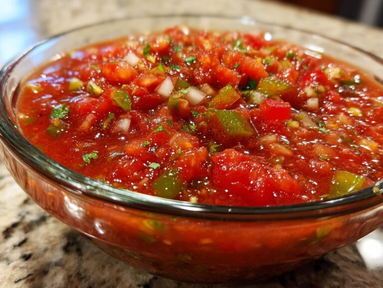 A glass bowl filled with vibrant, chunky homemade salsa, featuring tomatoes, onions, peppers, and cilantro.
