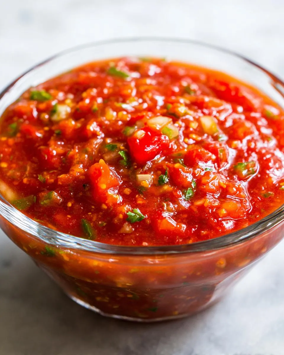 Close-up of vibrant, chunky homemade salsa in a clear glass bowl, ready to serve.