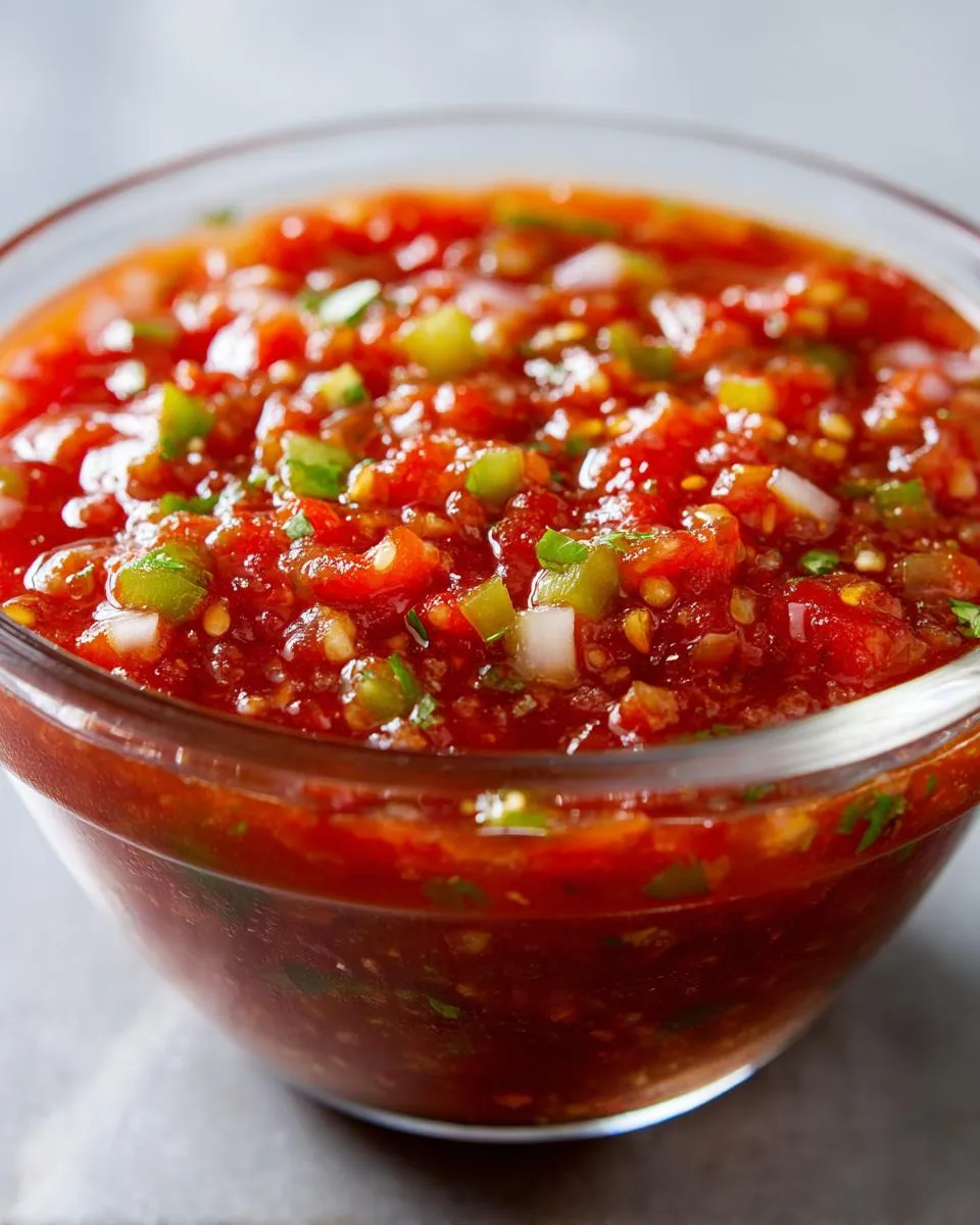 Close-up of vibrant homemade salsa in a clear glass bowl, showcasing fresh tomatoes, onions, peppers, and herbs.
