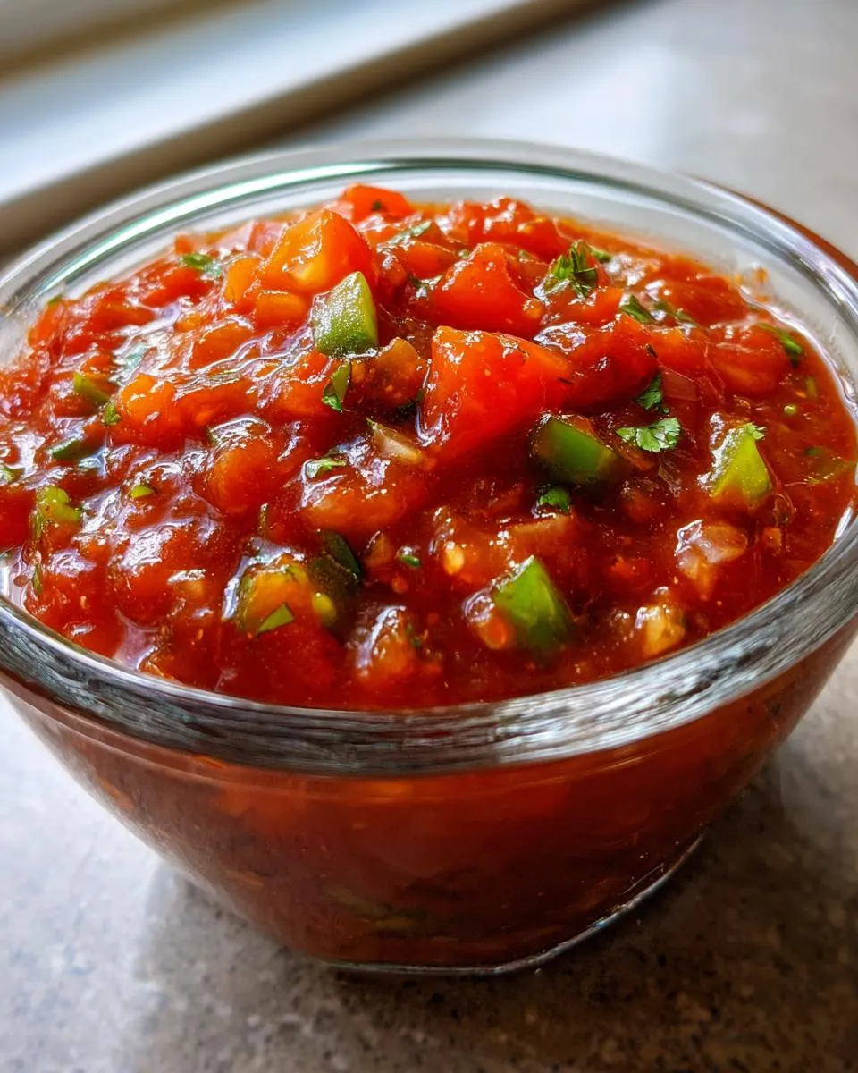 A glass bowl filled with vibrant, chunky homemade salsa, showcasing fresh tomatoes, peppers, and cilantro.