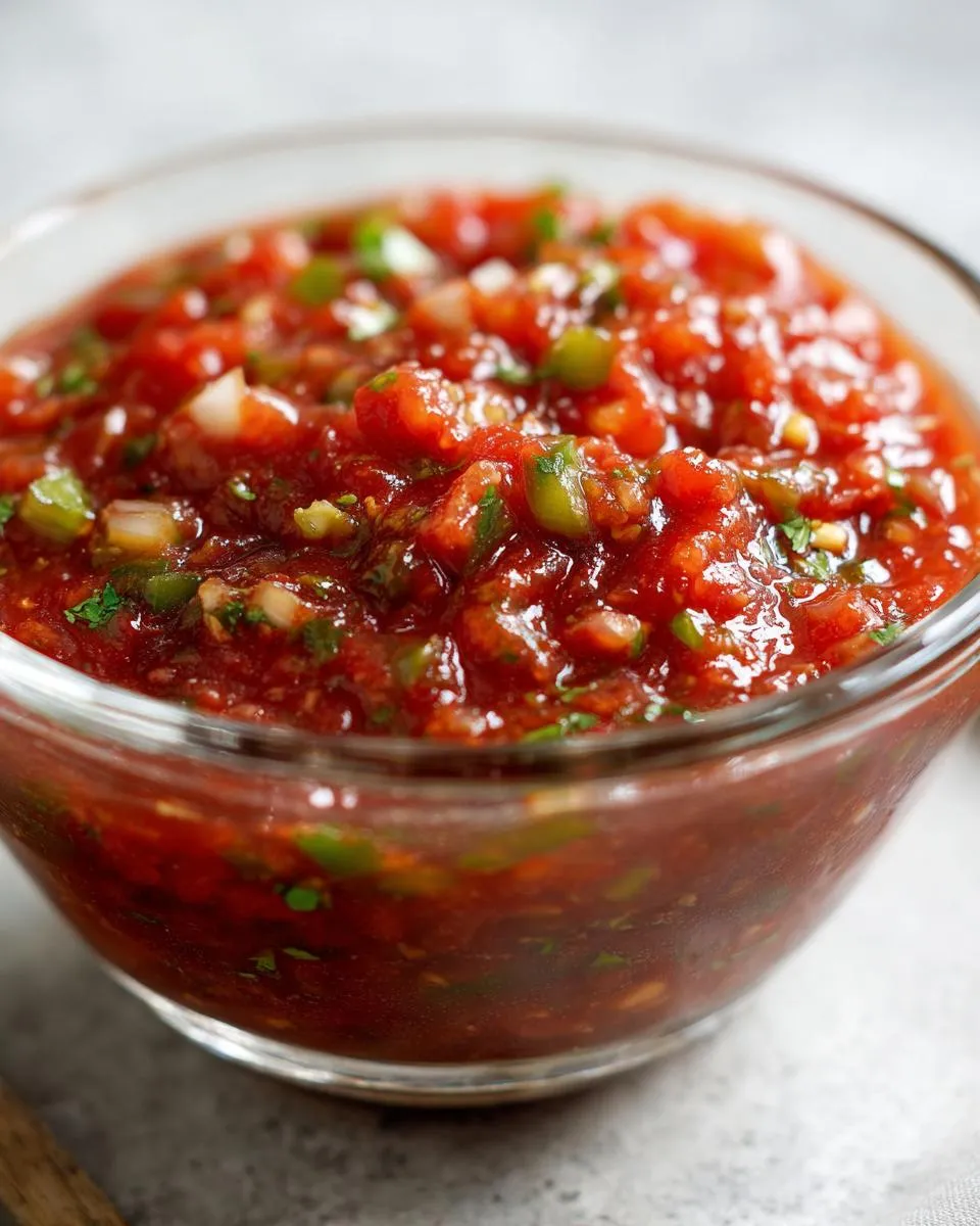 Close-up of vibrant, freshly made Homemade salsa in a clear glass bowl, showcasing its chunky texture and ingredients.