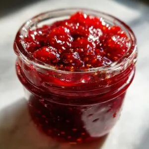 Close-up of a glass jar filled with vibrant, homemade strawberry jam.