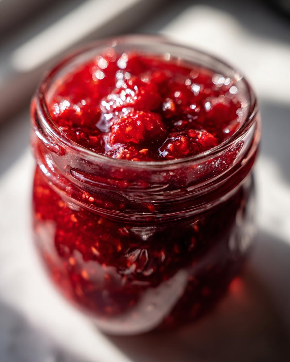 Close-up of a jar filled with vibrant, homemade strawberry jam. The jam has a rich, deep red color and a chunky texture.