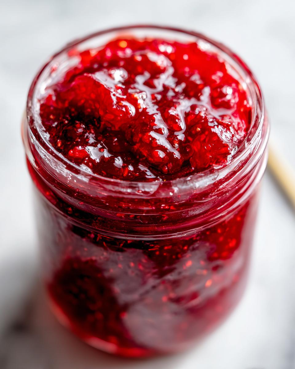 Close-up of vibrant red homemade strawberry jam in a clear glass jar, ready to be enjoyed.