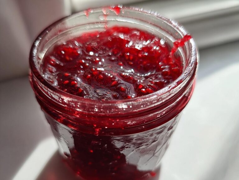 Close-up of a jar filled with vibrant, homemade strawberry jam, showcasing its rich color and texture.