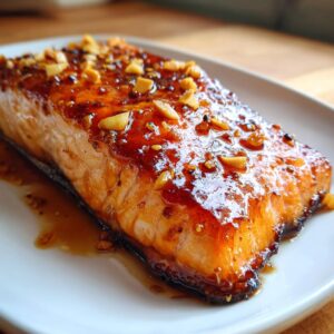 Close-up of a glazed Honey Garlic Salmon fillet on a white plate, topped with garlic and sesame seeds.