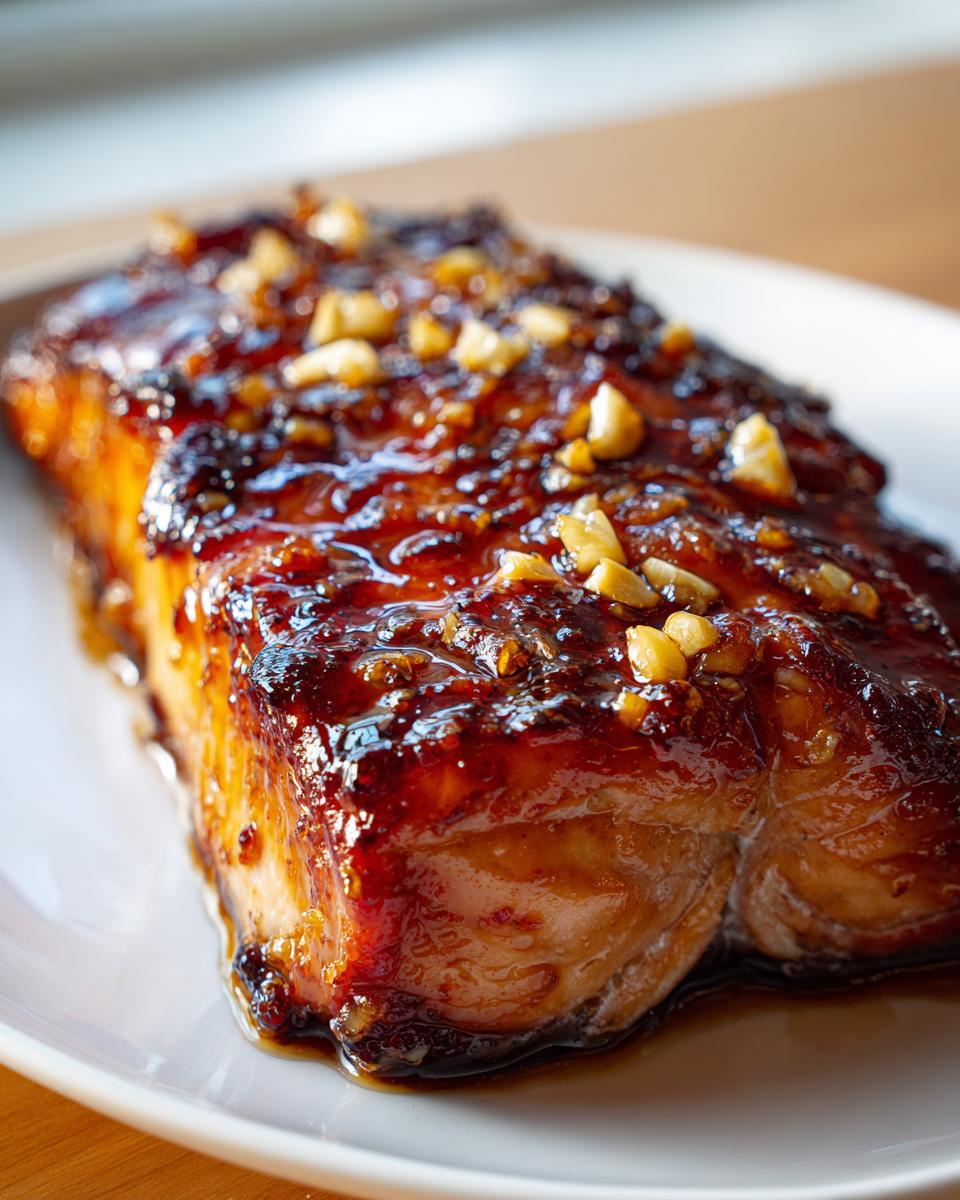 Close-up of a glazed Honey Garlic Salmon fillet on a white plate, topped with chopped nuts.