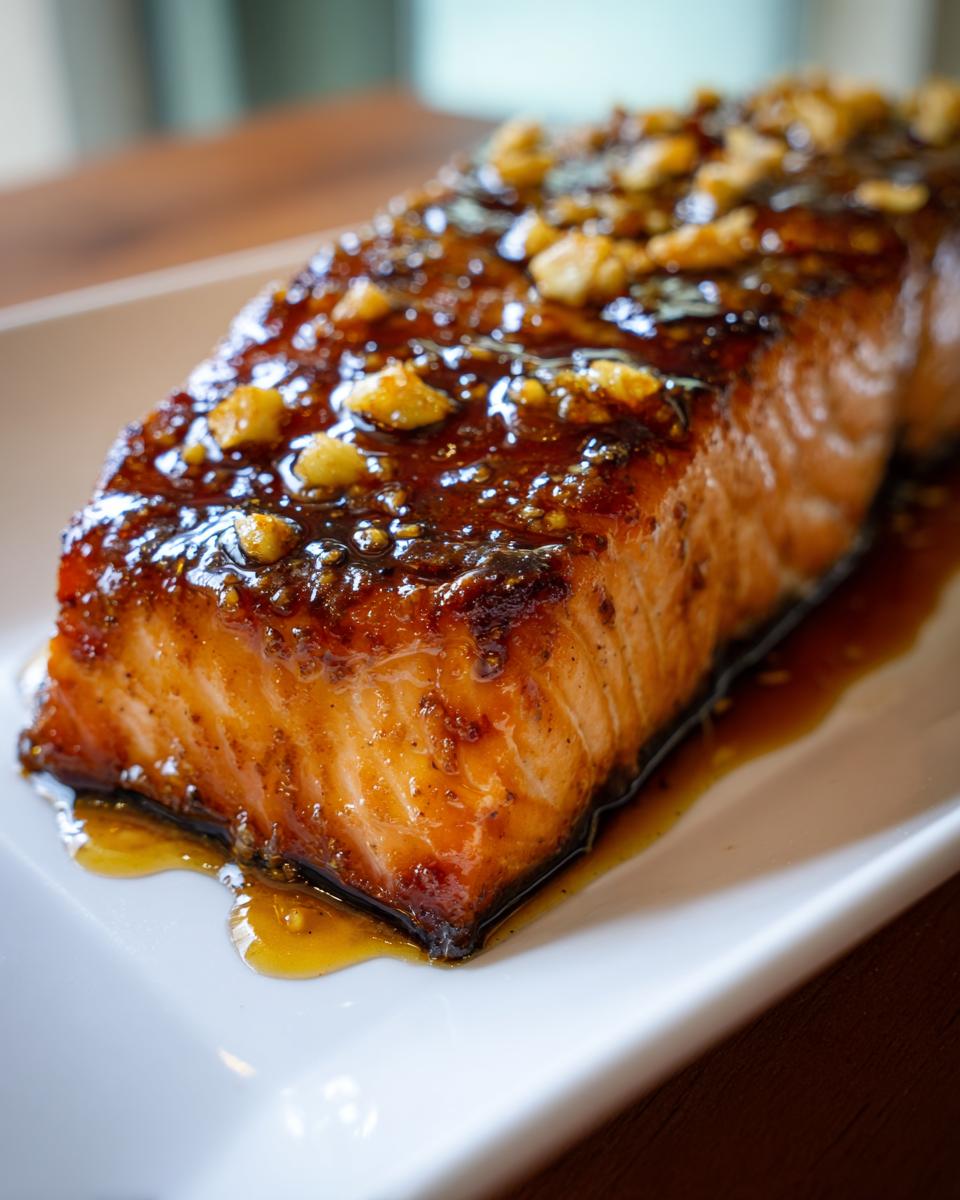 Close-up of a glistening Honey Garlic Salmon fillet on a white plate, topped with nuts.
