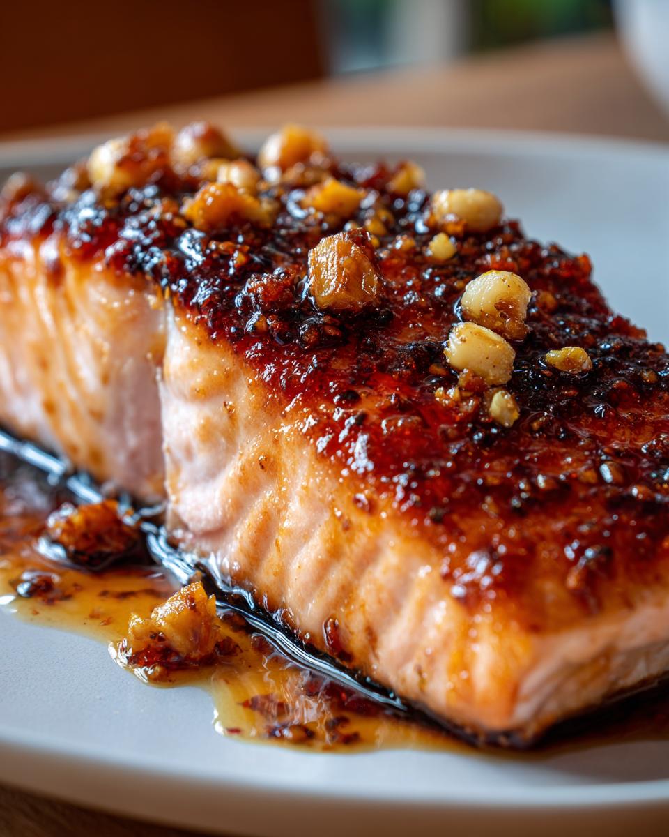 Close-up of a glazed Honey Garlic Salmon fillet on a plate, showcasing the glistening sauce and garlic topping.