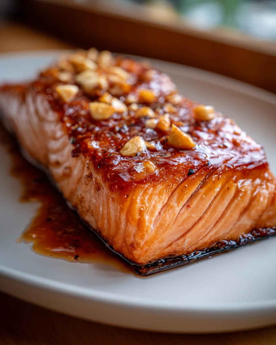 Close-up of a perfectly cooked Honey Garlic Salmon fillet, glazed and topped with nuts.