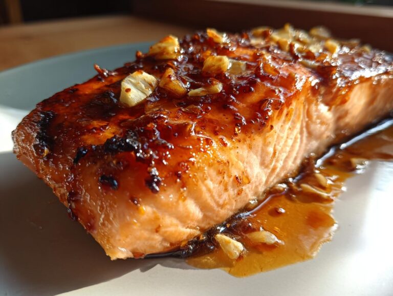 Close-up of a glazed Honey Garlic Salmon fillet on a plate, showcasing the caramelized sauce and garlic topping.
