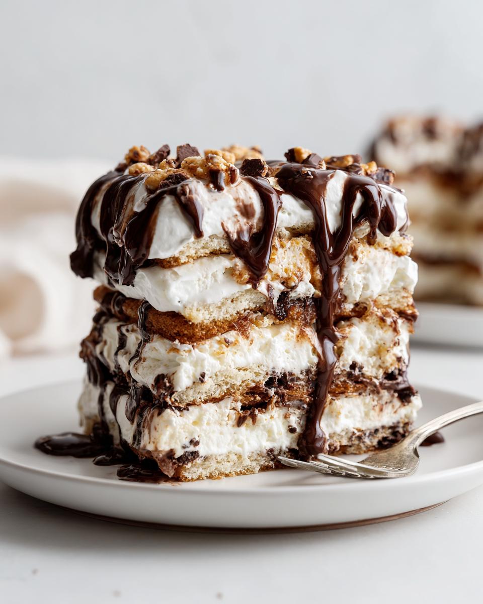 A decadent ice cream sandwich cake with layers of ice cream sandwiches, whipped cream, fudge, and nuts.