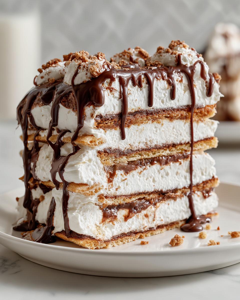 A decadent slice of ice cream sandwich cake, drizzled with chocolate sauce and topped with whipped cream and cookie crumbs.