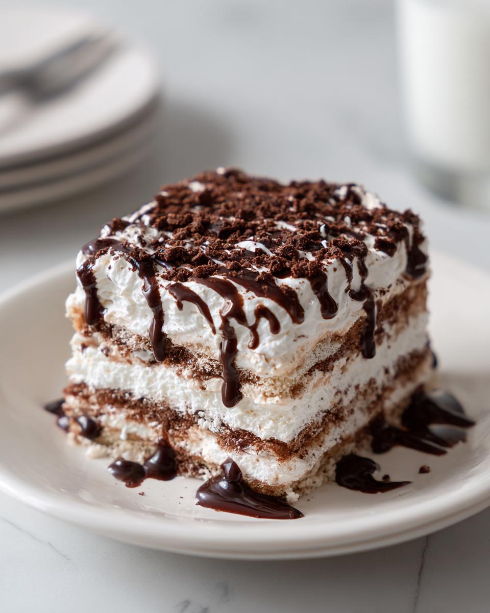 A delicious slice of ice cream sandwich cake, drizzled with chocolate sauce and topped with cookie crumbs.