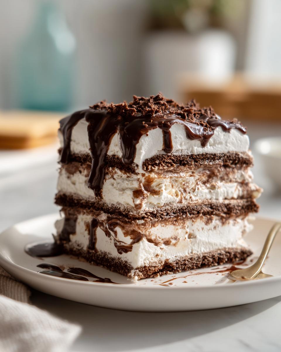 A slice of ice cream sandwich cake with layers of ice cream, chocolate wafers, and fudge topping.
