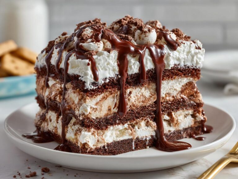 A decadent slice of ice cream sandwich cake with chocolate fudge dripping down the side.