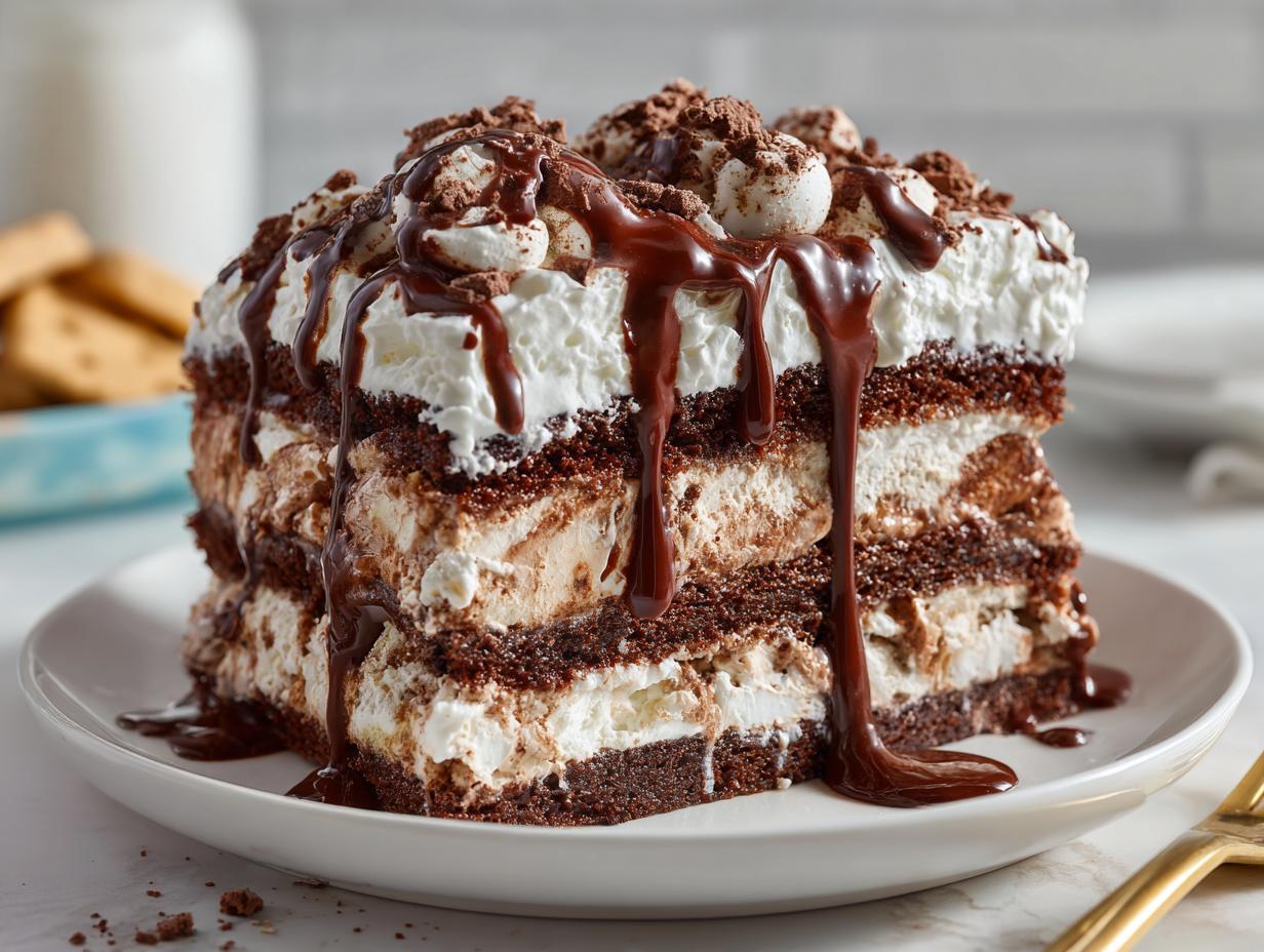 A decadent slice of ice cream sandwich cake with chocolate fudge dripping down the side.