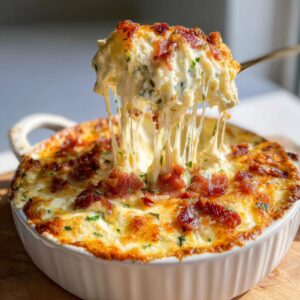 A spoonful of creamy jalapeño popper dip being lifted, showing melted cheese and bacon topping.