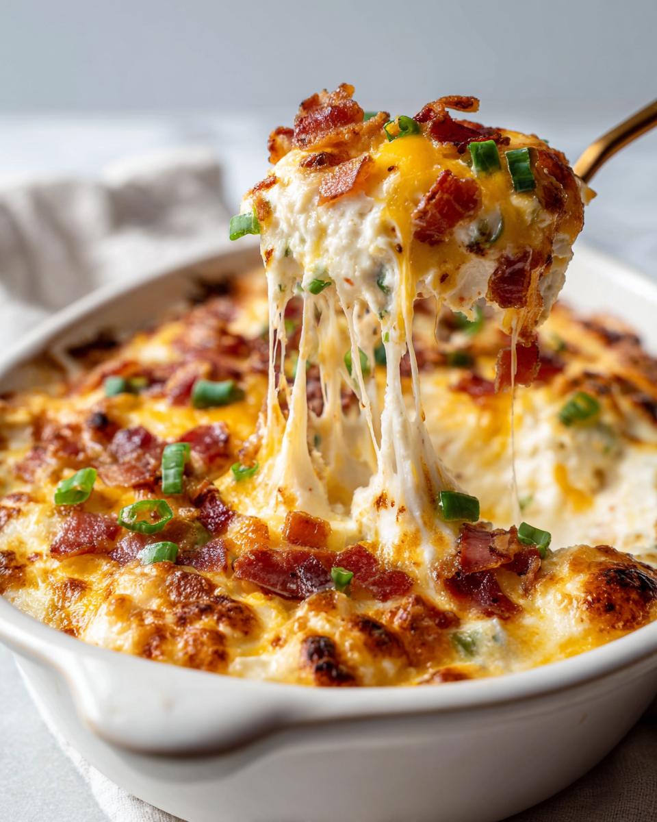 Golden spoon lifting a portion of creamy jalapeño popper dip with melted cheese and bacon from a white baking dish.