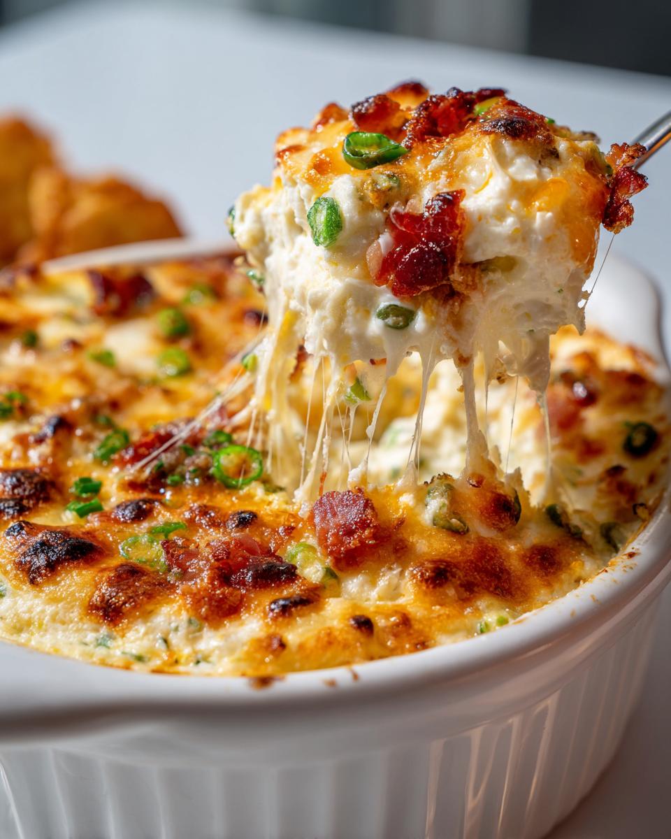 Spoonful of creamy jalapeño popper dip with a cheese pull, topped with bacon and jalapeños.