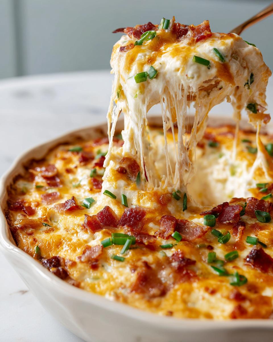 A spoonful of creamy jalapeño popper dip being lifted, showing melted cheese, bacon, and chives.