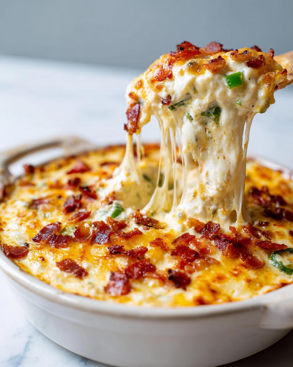 Scoop of creamy Jalapeño popper dip with melted cheese and bacon bits being lifted from a baking dish.